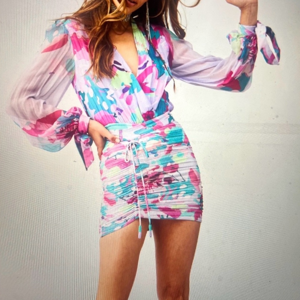 Rococo Sand Lilac & Aqua Floral Surplice Bodysuit and Mini Skirt Set